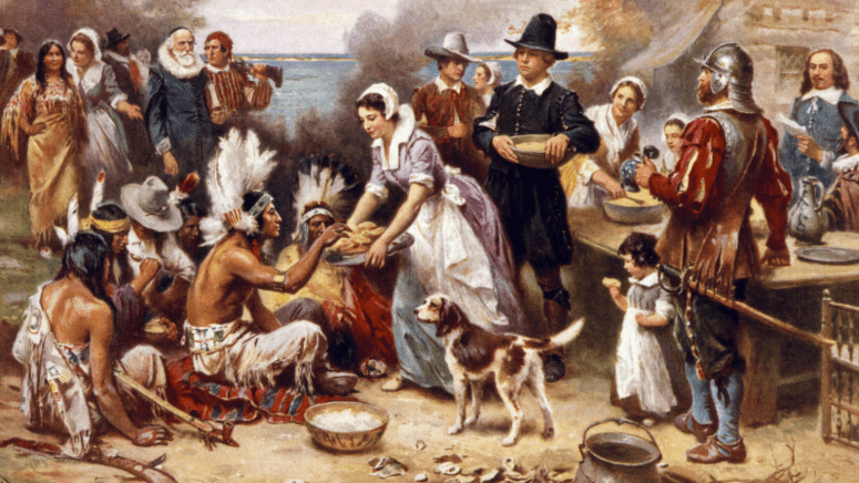 Pilgrims and Indians Thanksgiving dinner